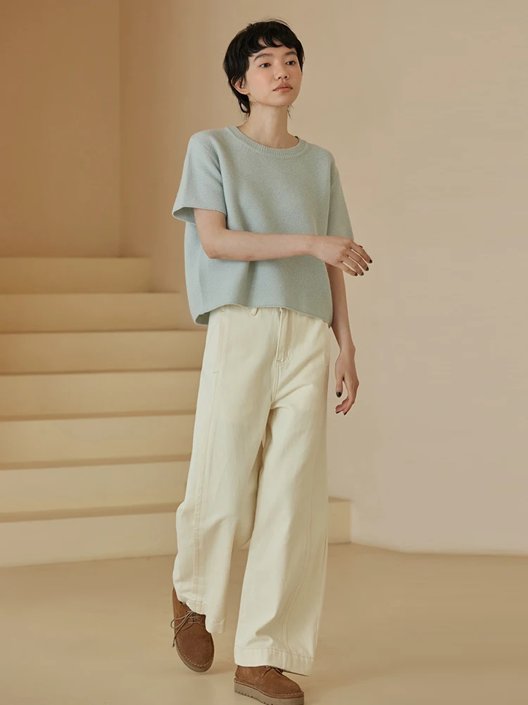 Eco-Friendly  Cotton Denim Jeans Women's Loose Wide Leg Pants No Side Seam Wear Resistant Natural Waist Simple Style