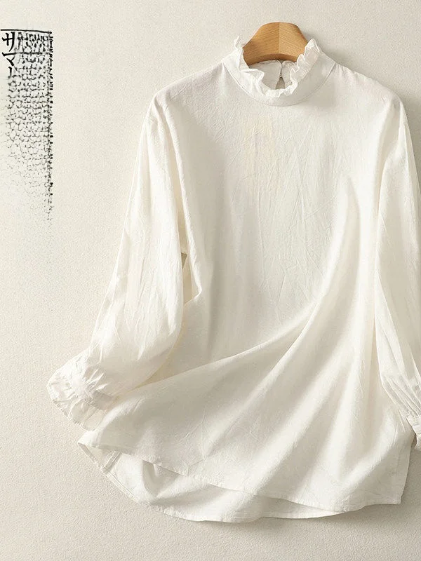 

High-End Large Size Women's irt Japanese Sle Long Sve Pure Color Artistic Sle Wooden Trim Commute Casual irt