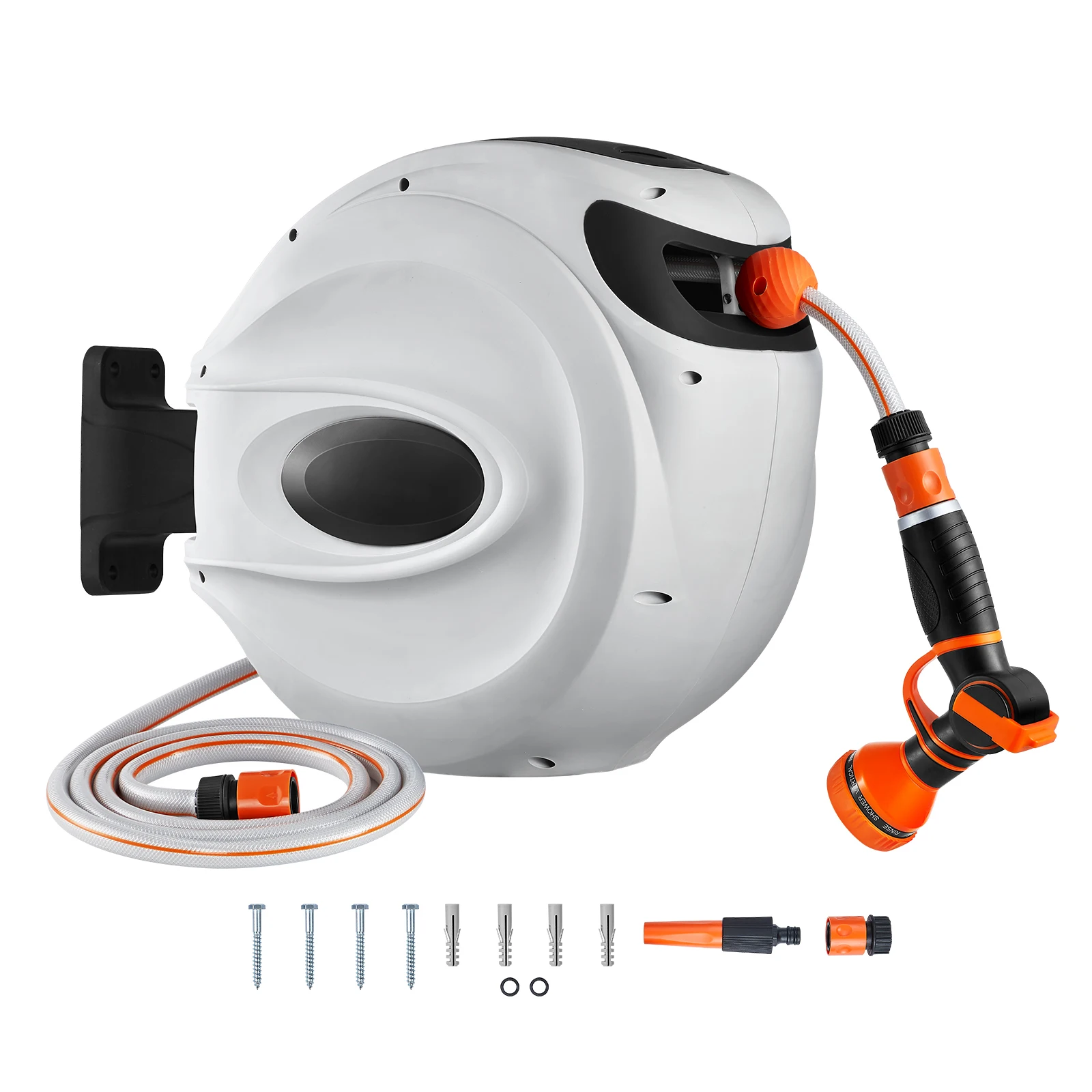 SucceBuy Enrouleur de tuyau rétractable 82 pieds x 1/2 pouce 180 °   Enrouleur de tuyau d'eau de jardin mural à support pivotant avec buse à 9 motifs