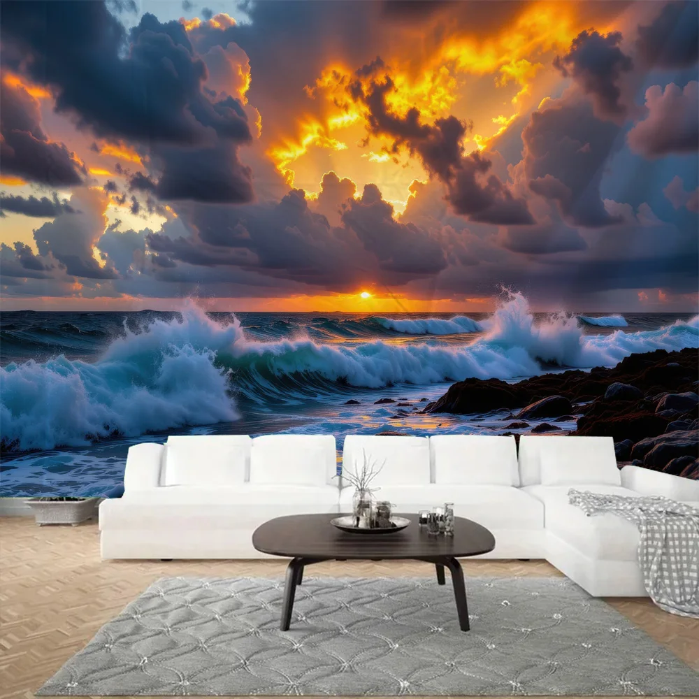 

Sea Waves Tapestry Vintage Oil Painting Wall Hanging Home Fabric Decoration Painting Bedroom Living Room Background Poster