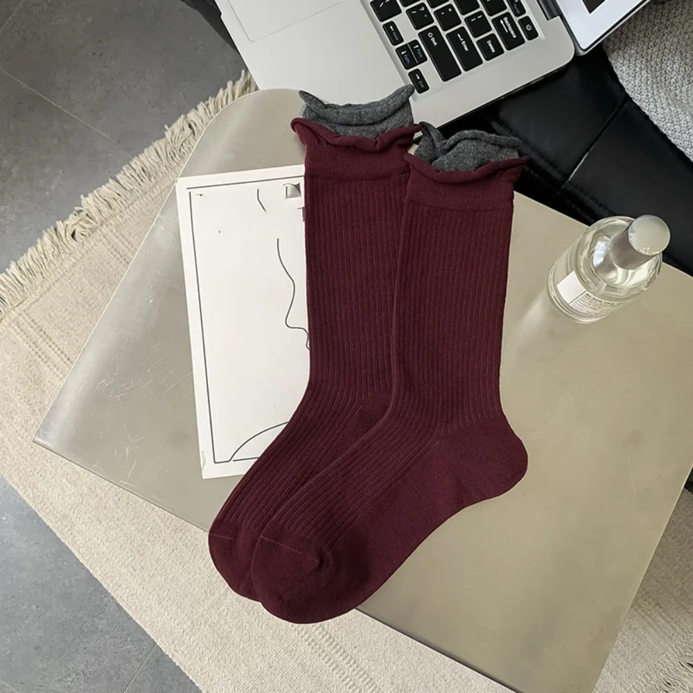 

Soft Red Striped Women's Middle Tube Socks Ruffles Gray Cotton Socks Harajuku Style Bowknot Wool Socks Gifts
