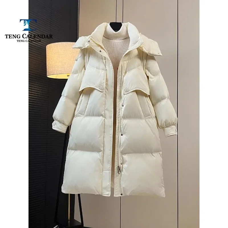 Fashionable Down Jacket, Medium To Long Slim Fit for Warmth, Hooded White Goose Down Jacket, New Autumn and Winter Styles