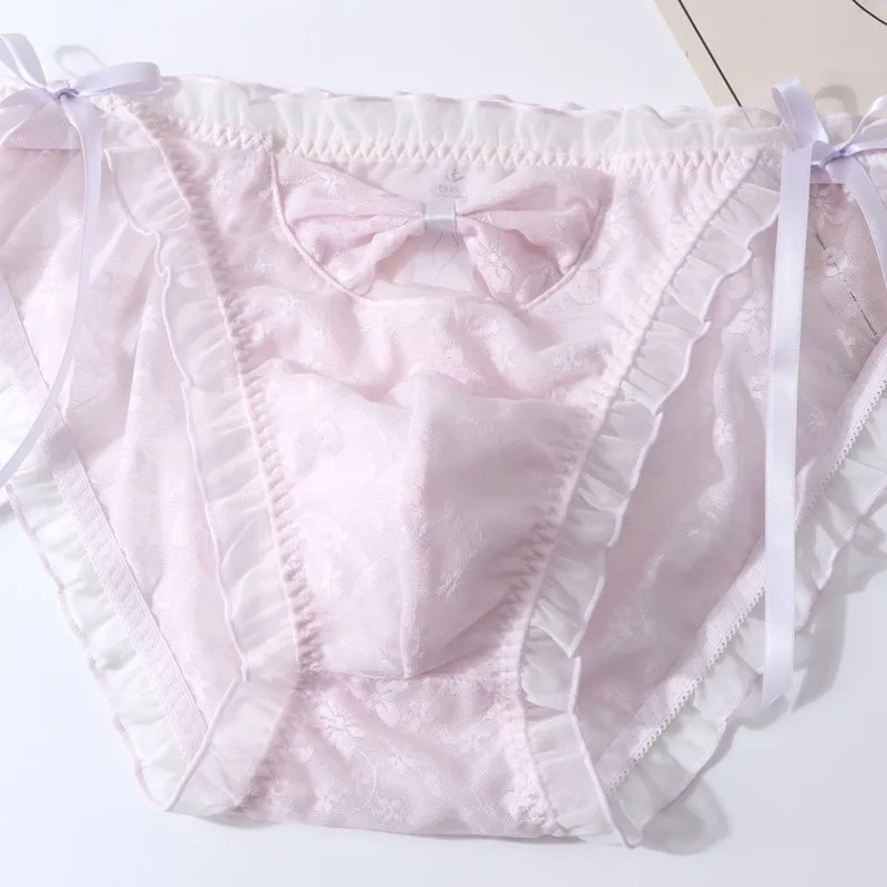 

Fashion Transparent Lace Bowknot Ruffled Sexy Sissy CD Underwear Elasticity Gay Underpants Breathable Convex Pouch Men's Briefs