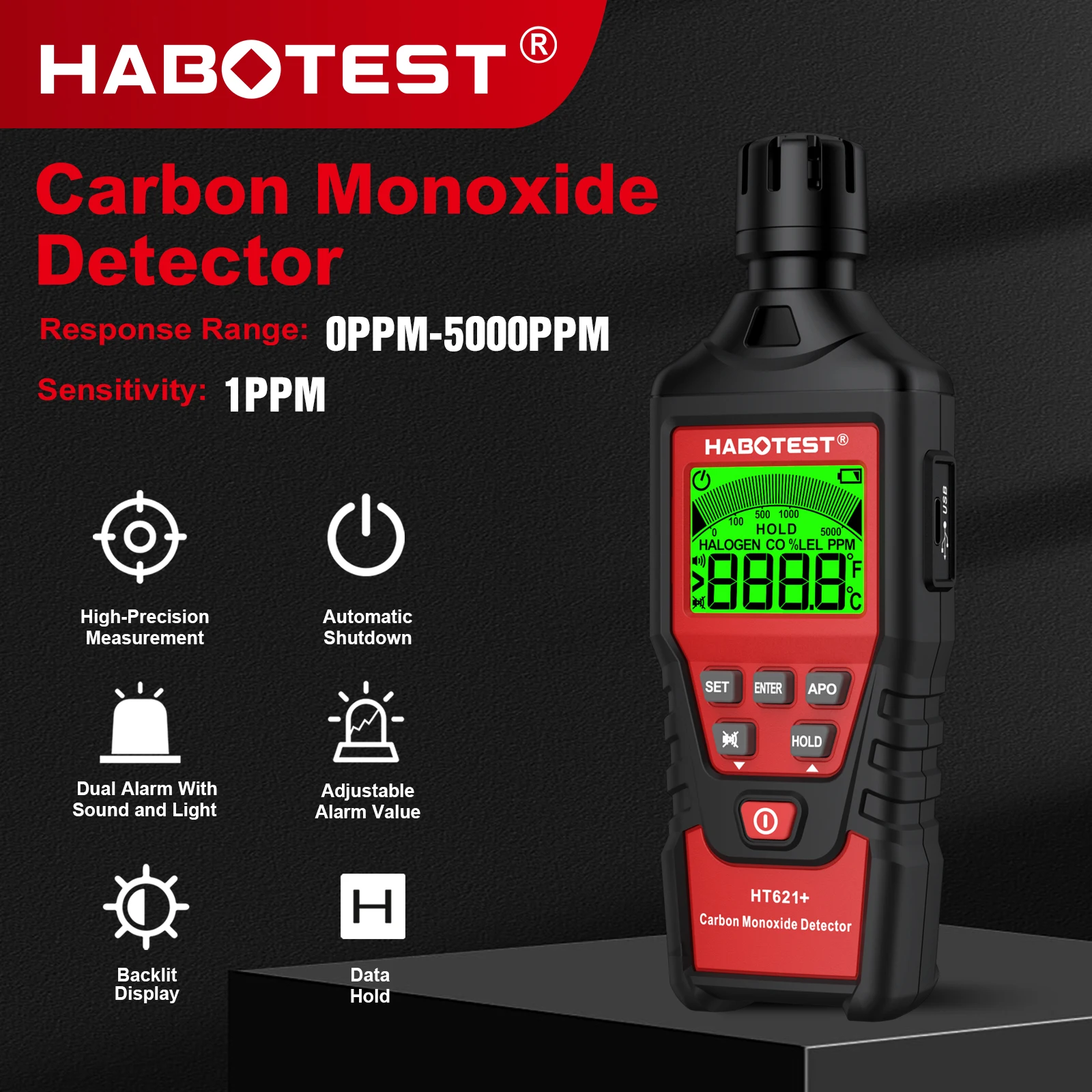 HABOTEST HT621+ Carbon Monoxide Detector Gas Alarm Home Safety Warning System 0~5000ppm New Photoelectric Sensor CO Gas Tester