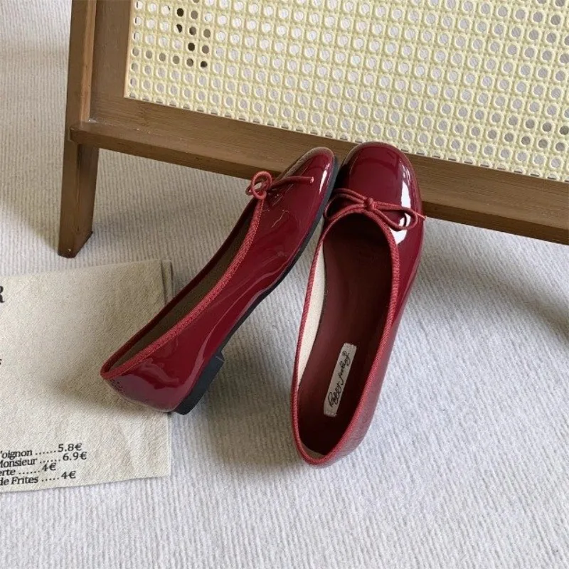 French Flat Single Shoes Women Soft Shallow Square Toe Bow Spring and Summer New Bean Shoes