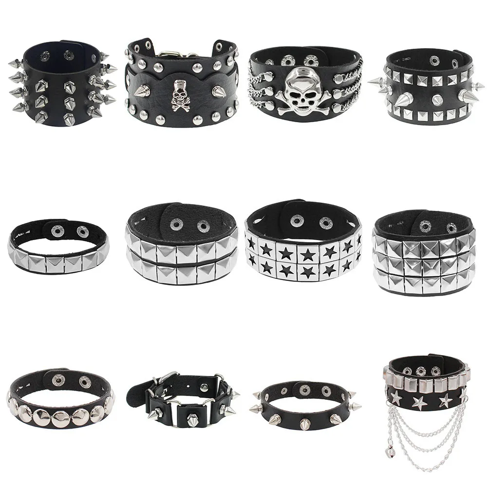 2024 Punk Skull Star Bracelet Personality PU Leather Three Rows Spikes Square Stud Bracelets Bangle For Women Man