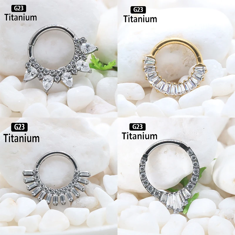 ASTM f136 Titanium Piercing Planar CZ Nose Rings Hoops Clicker Septum Piercing Ear Stud Tragus Helix Conch Body Jewelry Earrings