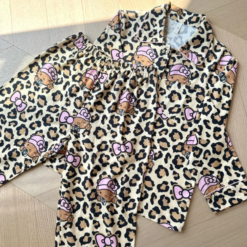 New Hello Kitty Leopard Print 2 Pcs Velvet Pajamas Set For Women In Autumn Warm Home Casual Oversize Sleepwear Clothes