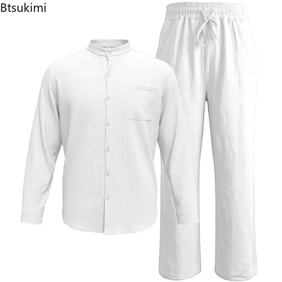 2026 New Men's Fashion Casual Linen Two Piece Sets Europe Style Vintage Blouse and Straight Pants Suit Men Beach Tracksuits Set