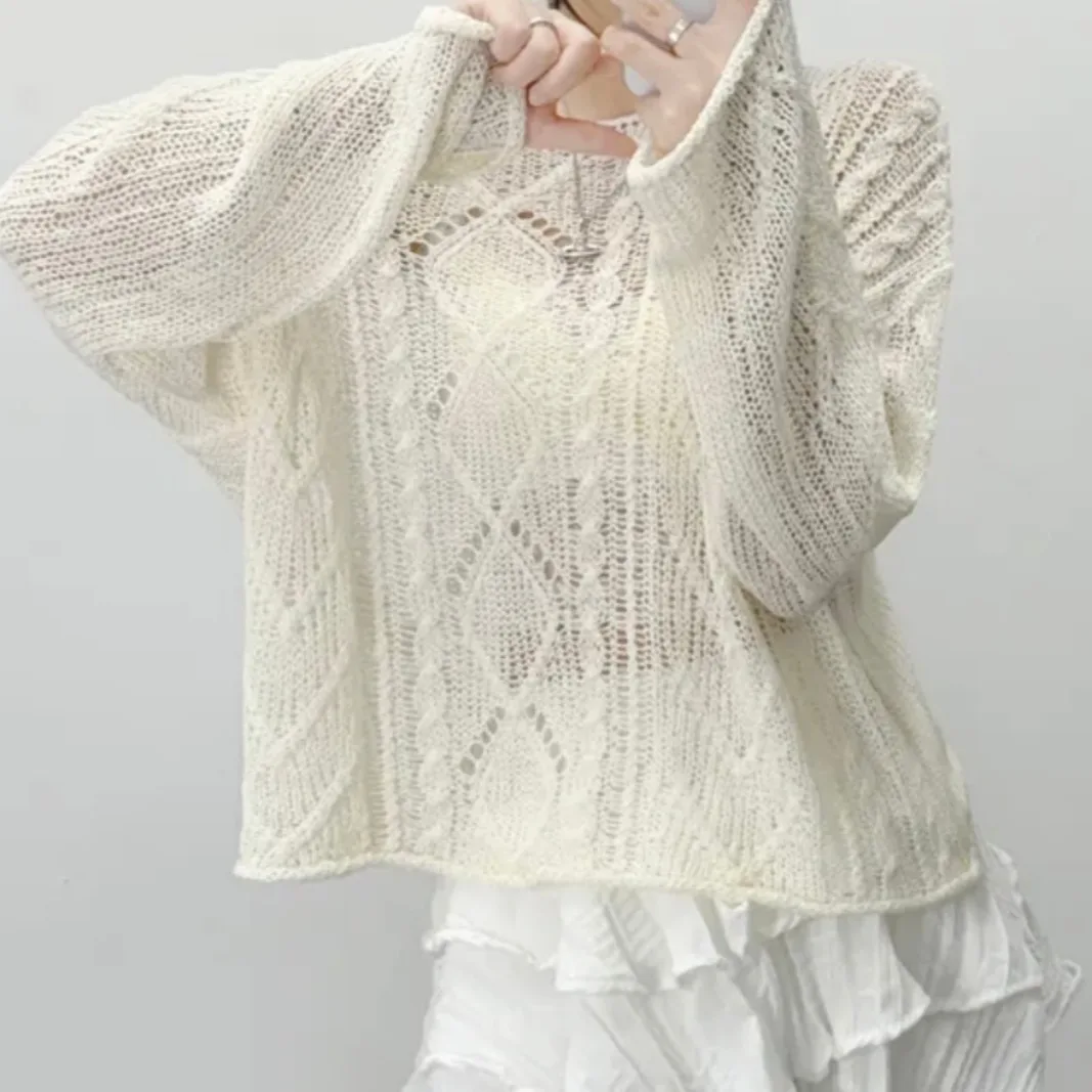 시크한 봄 니트 여성용 자외선 차단 얇은 오버코트 어깨 노출 트위스트 헤드 오버 풋웨어 패셔너블