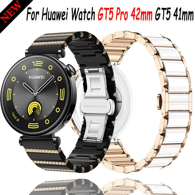 18mm Woman Ceramic+Metal Strap For Huawei Watch GT5 Pro 42mm GT5 41mm Luxury seamless Bracelet watchband Huawei Watch GT4 41mm