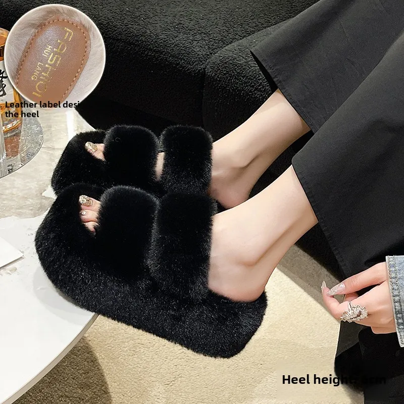 Female 2024 New Autumn and Winter Thick Bottom Height Increase Small Home Plush Slippers Women  Ladies Shoes