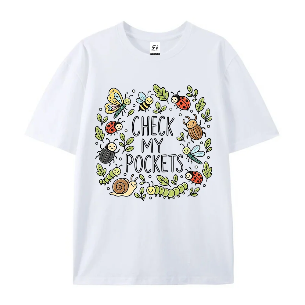 Women  Check My Pockets Cute Bugs Insects Graphic T Shirt Short Sleeve Casual  Loose Cotton Tops