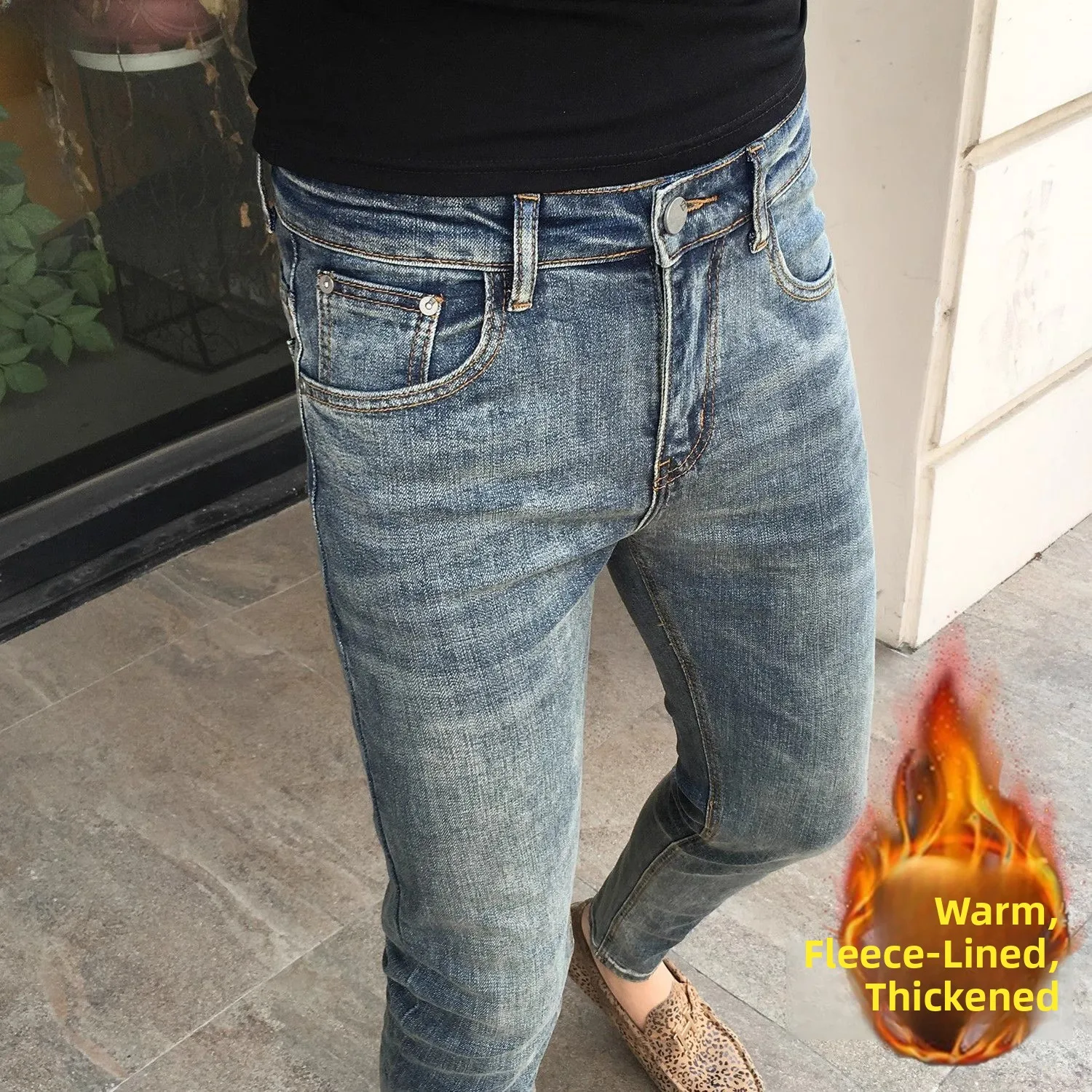 

Мужские зимние джинсы Thiened Fce, облегающие, прямые, повседневные, модные, для ежедневной носки