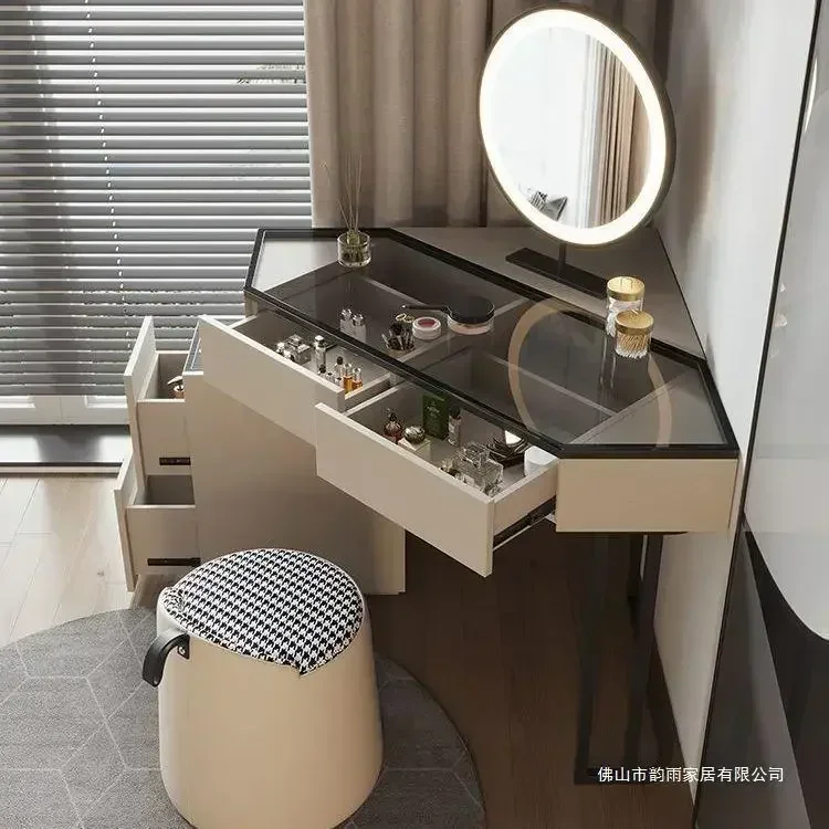 Luxury Modern Triangle Corner Vanity With LED Mirror Large Capacity Makeup Dressing Table With 4 Drawers Save Space Furniture