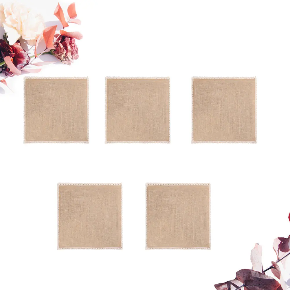 

5Pcs Jute Placemat Burlap Table Mat Lace Edge Coaster Pad Waterproof for Dining Room Kitchen Wedding Party Decor