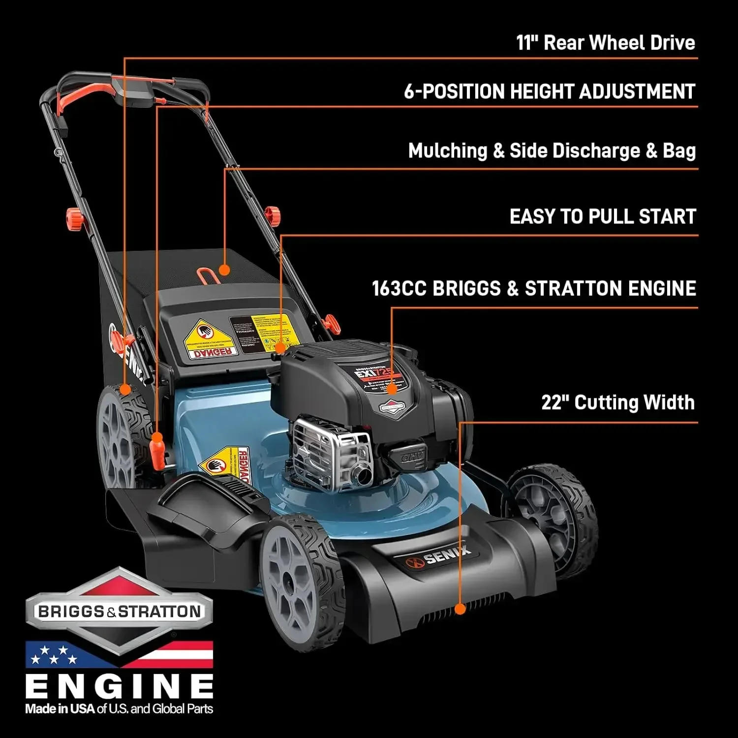 Gas Lawn Mower with 163 Cc 4-Cycle Engine, 3-in-1 Rear Wheel Drive Variable Speed Lawnmower, 6-Position Height Adjustment