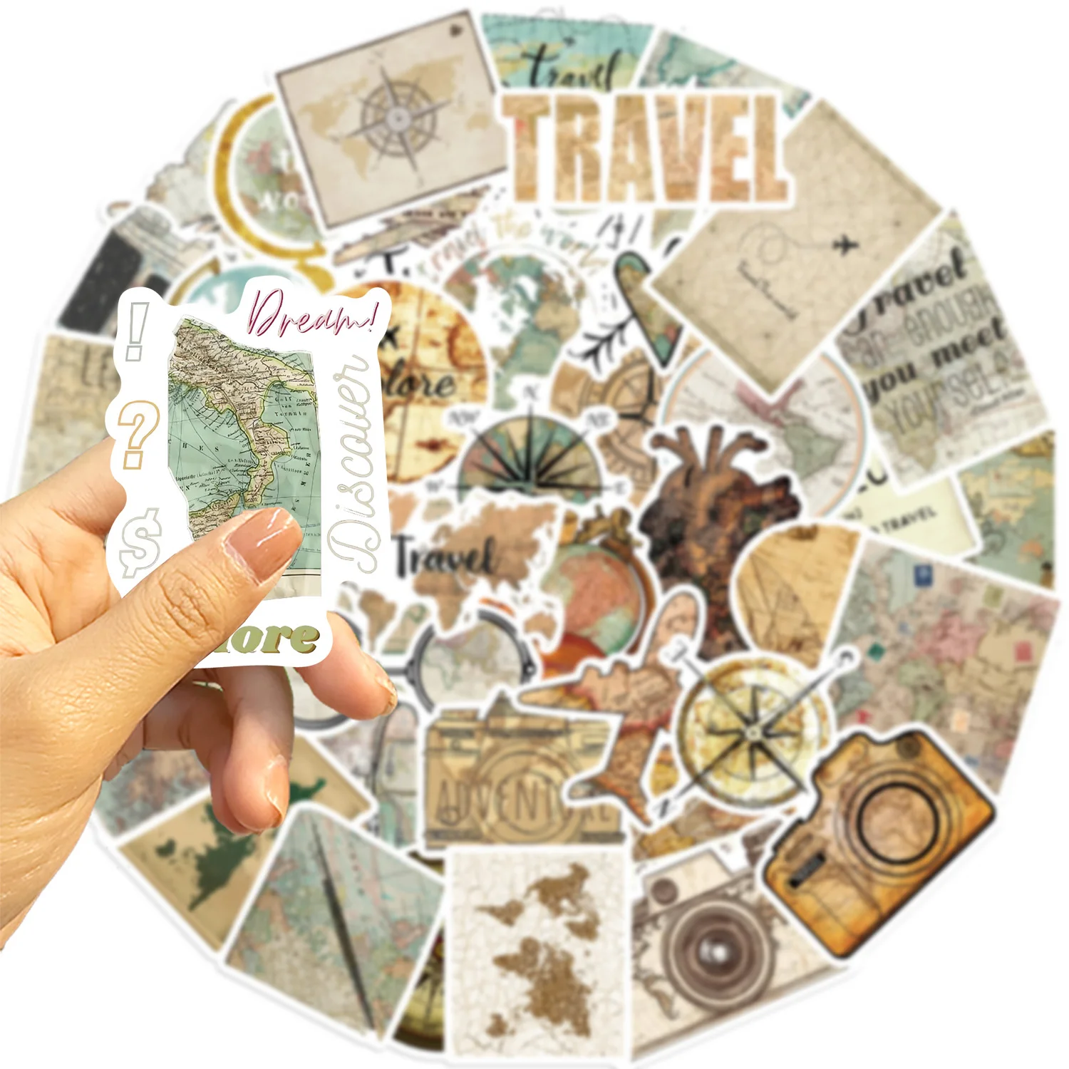 50 Uds. Pegatinas de dibujos animados de viaje con mapa para papelería DIY, equipaje de viaje, cuaderno, guitarra, portátil, teléfono, juguete