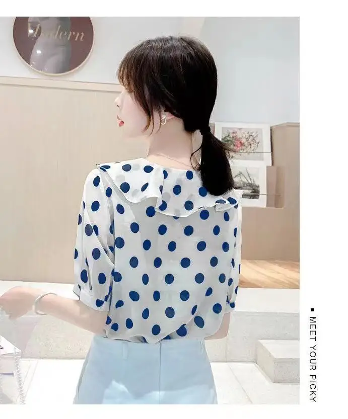 New Summer Fashion Trendy Lotus Leaf Collar Shirt Polka Dot Short-sleeved Chiffon Shirt Women's Loose and Mature Top