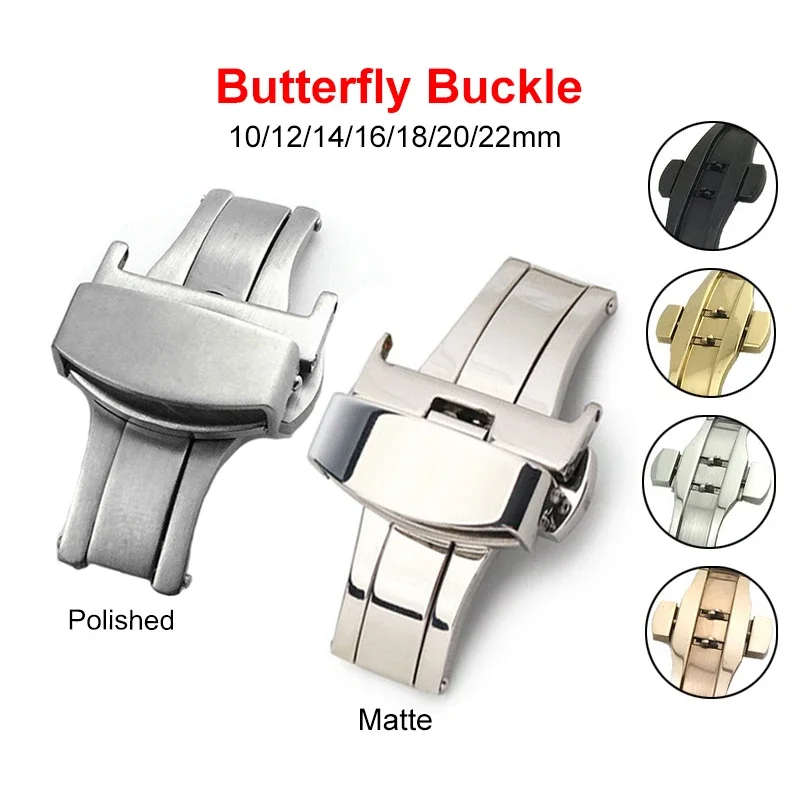 304 Stainless Steel Butterfly Buckle Watch Band Double Press Deployment Folding Clasp Watch Accessories 10 12 14 16 18 20 22mm