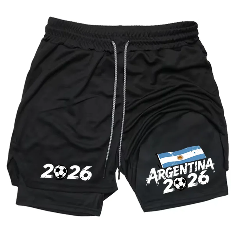 

Мужские двухслойные спортивные шорты 2-в-1, быстросохнущие шорты для тренировок и бега с принтом «Аргентина 2026» и карманами WX104