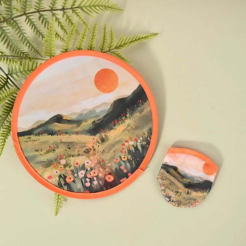 Portable Round Shape Round Foldable Hand Fans Flower Oil Painting Cooling Fans Cartoon Folding Fan Office