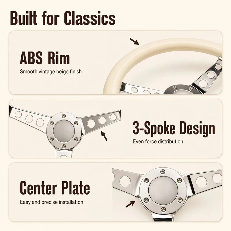 High Quality White Smooth ABS Grip Vintage Racing Steering Wheel With Hollow Three Spoke Interior Accessory