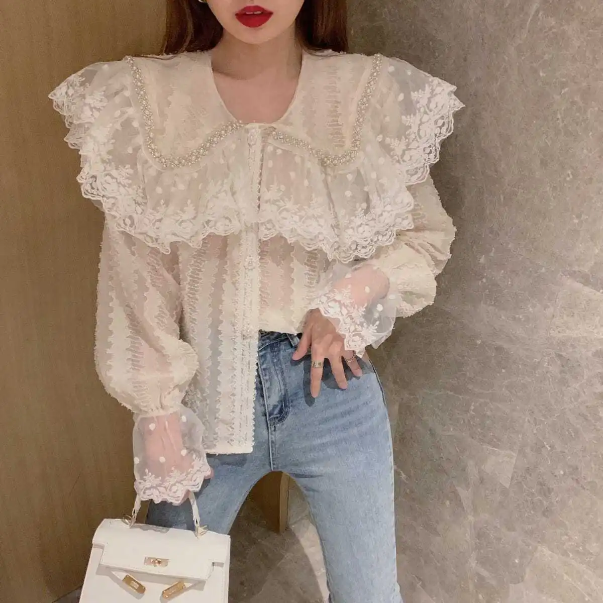 Long Sleeved Shirt for Women, Sensitive Lace Top, Loose Collar, Single Breasted, Spring and Autumn, New Design, 2024