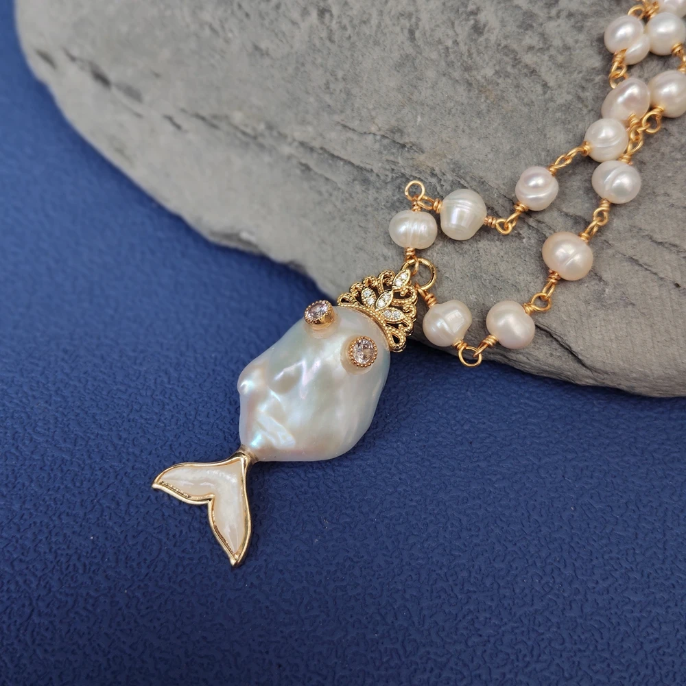 

YYGEM 17x34mm Cultured White Baroque Pearl Pendant Chokers Rosary Chain Women Minimalist Necklaces Jewelry Gifts