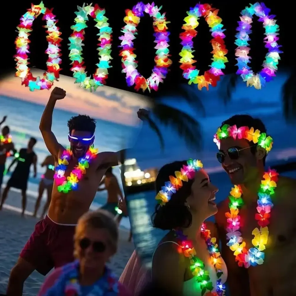 Glow In The Dark LED Necklace Artificial Flower Rainbow Lei Hawaii Lei Light Up Tropical Design Flower Wreath Birthday Party