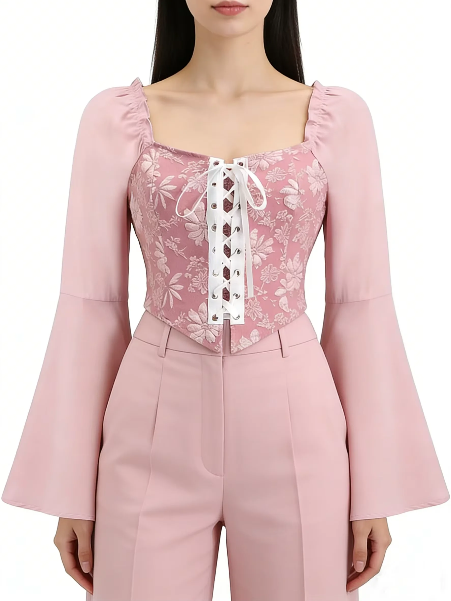 

Elegant Pure Color Women's Jacquard Shirt with Spliced Flared Sleeves European American Fashion Spring New
