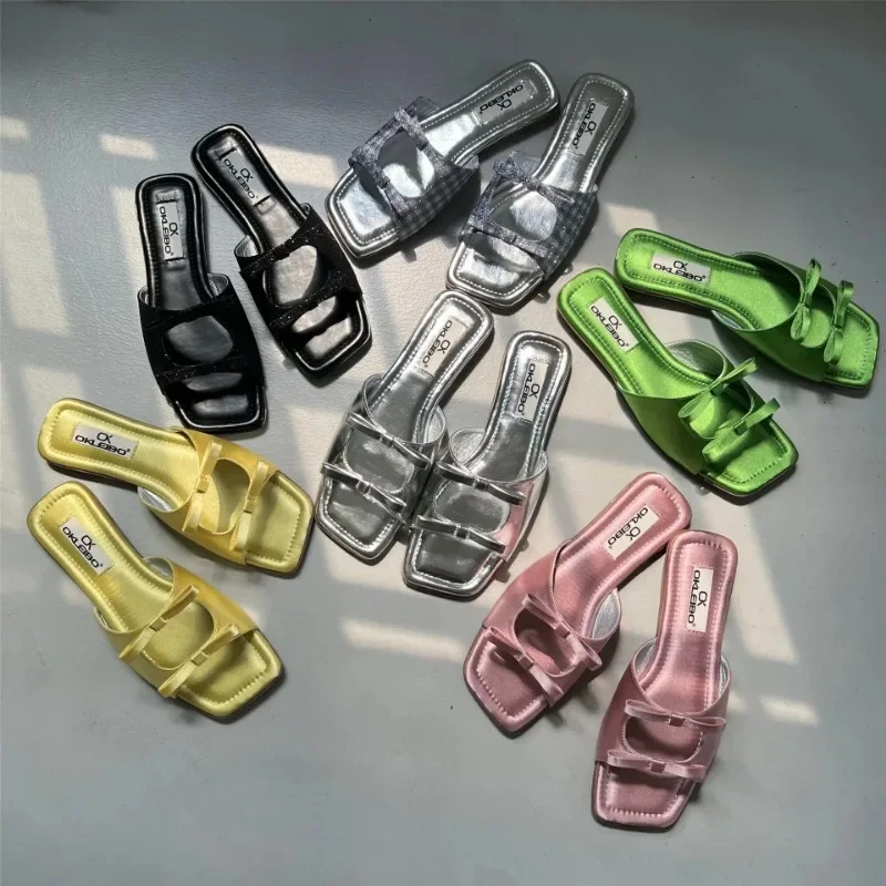 2024 Summer New Beach Shoes Open Toe Fashion Double Bowknot Slippers Women Flat Sole Slippers Women Sandals Plus Size 43 Zapatos