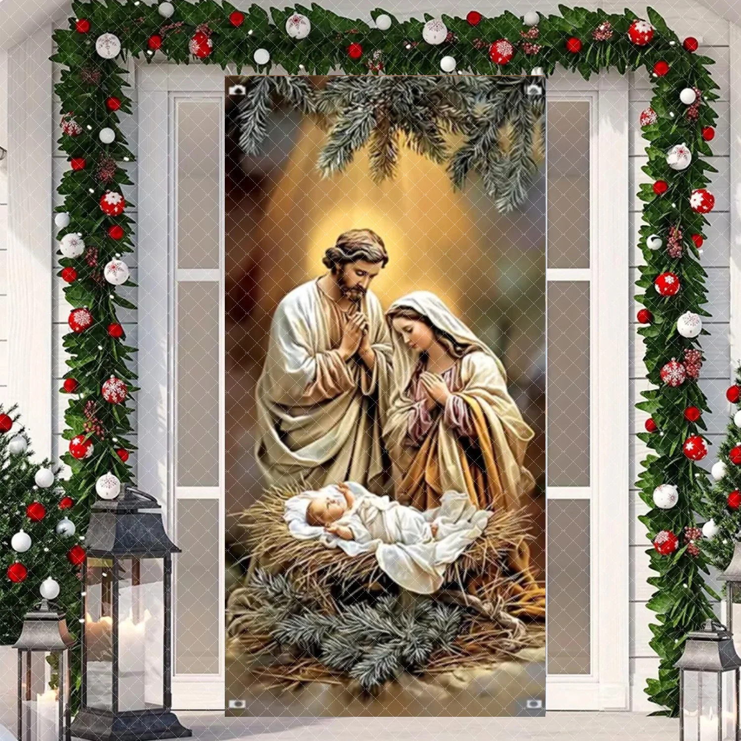 Świąteczny Noworoczny Baner na Drzwi Jasne Gwiazdy Szopka Bożonarodzeniowa Jezus Narodzony Ave Maria i Józef Święte Święto Dekoracje na Imprezę
