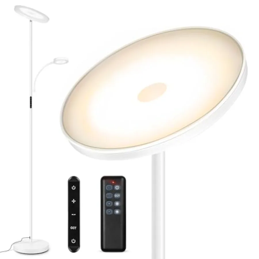 LED Floor Lamp, 27W/2400LM Modern Torchiere and 7W/ 400LM Reading Lamp, Bright Dimmable Standing Tall Lamp with 4 Color Tempera