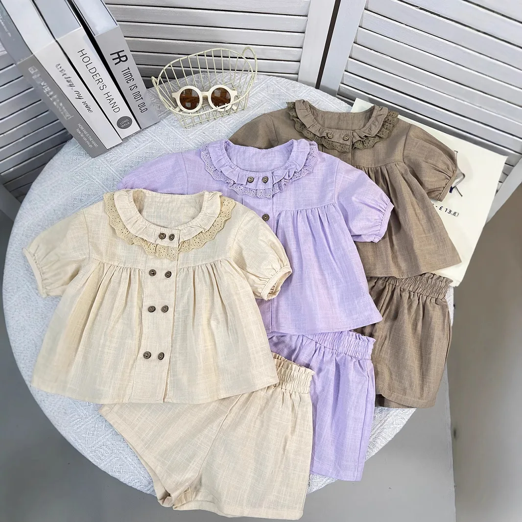 

Korean Version of Girl Baby Suit Summer New Foreign Gas Bubble Sleeve Doll Shirt Shorts Casual Two-piece Set