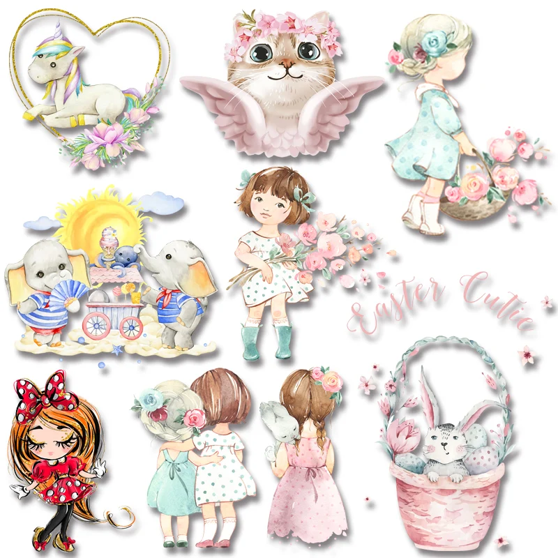 

Cartoon Beautiful Animals Flowers Elephant Bear and Little Girl Pattern Iron On Transfer Applique on Clothes Stickers on Fabric