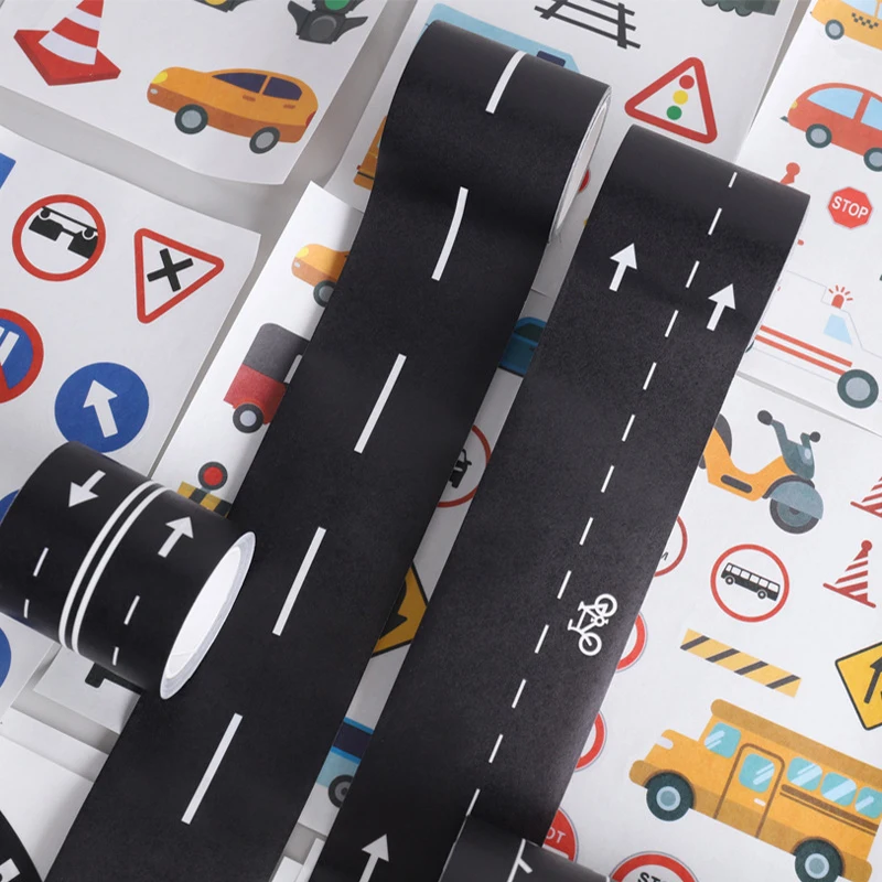 装飾的な道路と鉄道のデザイン紙テープ、鉄道と高速道路の装飾テープ、薄いステッカー装飾、1箱あたり6ロール