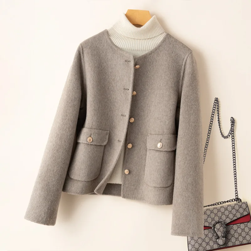 Double-sided Coat Women's 100% Wool 2026 New Autumn And Winter Round Neck Single-breasted Short Woolen Overcoat