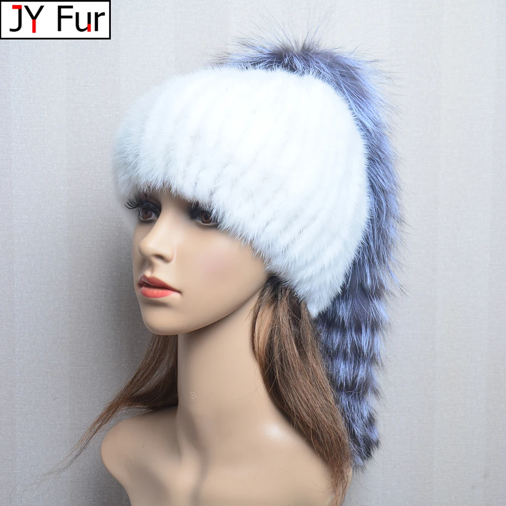 

Hand Knitted Women Real Mink Fur Bomber Hat Top Fox Fur Hats Luxury Natural Warm Fur Cap Lady Quality Elastic Real Mink Fur Caps