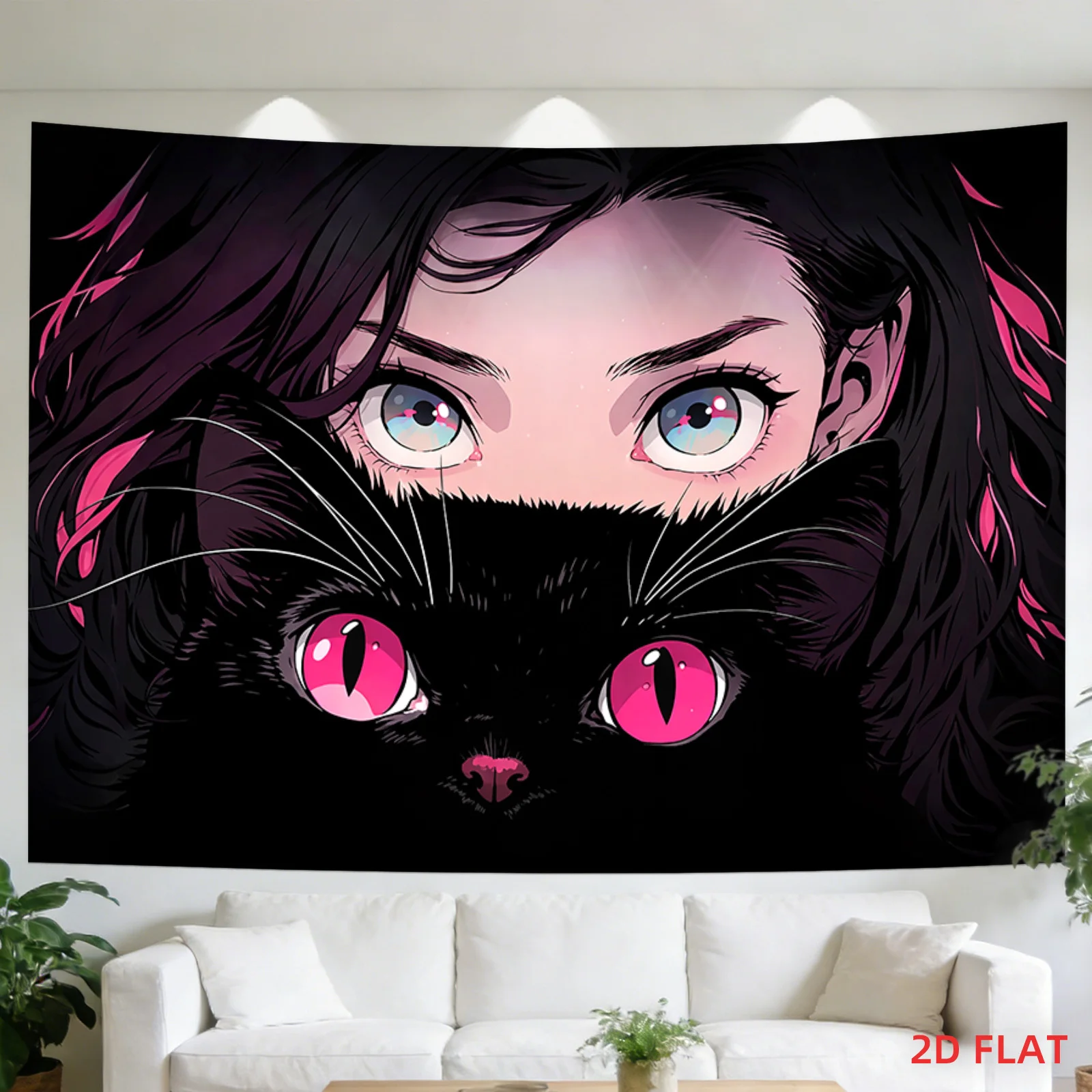 Anime Girl with Black Cat Tapestry, Pink Eyes Gothic Wall Hanging, Dark Fantasy Art Dorm Bedroom Decor for Girls