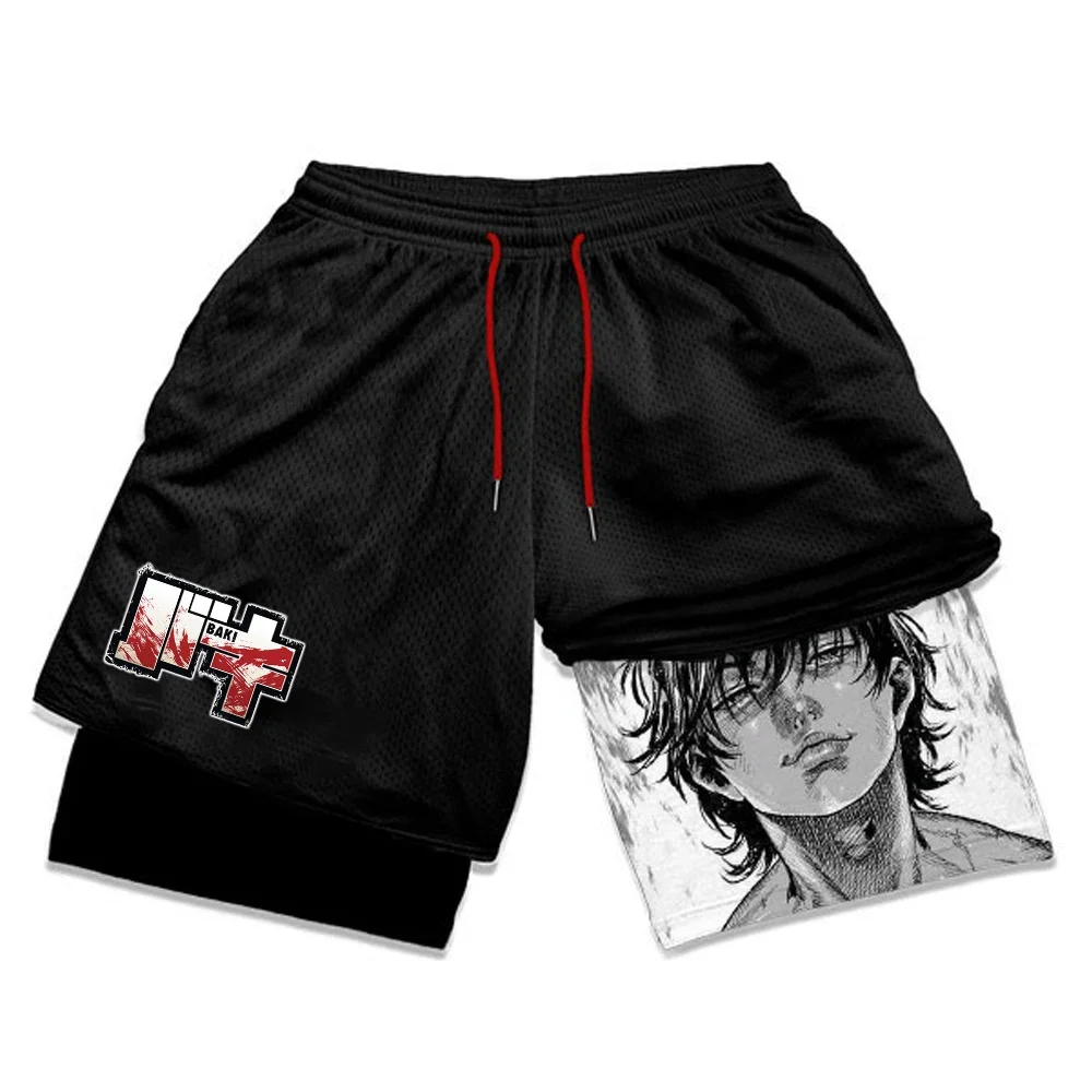 Baki Hanma Anime Gym Shorts Men Manga 3D Print 2 in 1 Performance Shorts Workout Quick Dry Sports Compression Short Pants Summer