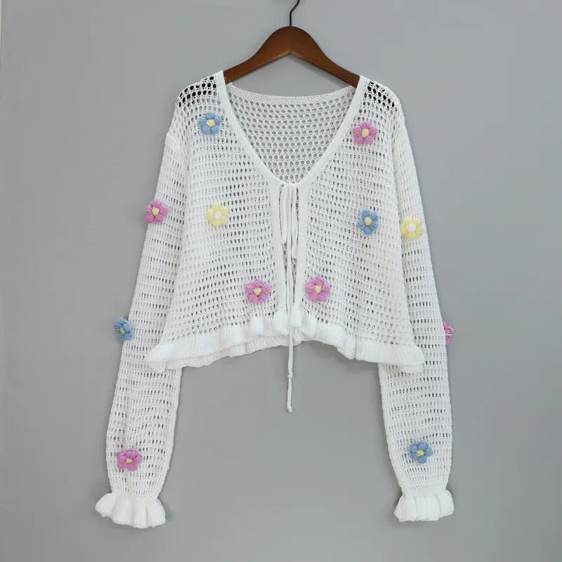 2025 新しいビーチウェア女性のカジュアル 3D 花装飾中空アウトニットショートカバーアップ白中空アウトニットビキニコート