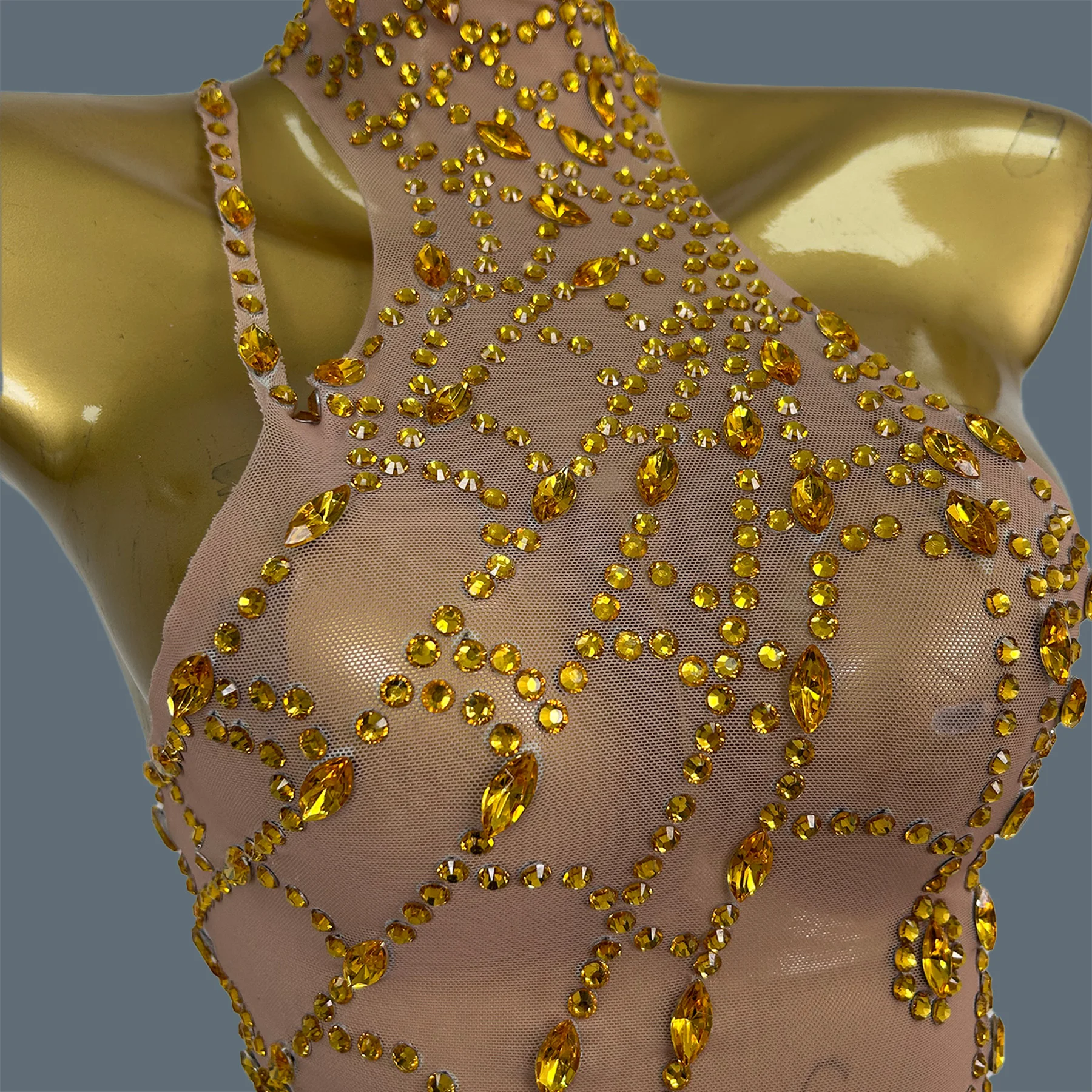 

Drag Queen Performer Wear Sexy Women See Through Mesh Mini Dress Sparkly Silver Crystals Asymmetrical Dress Party Outfit Zhizhu