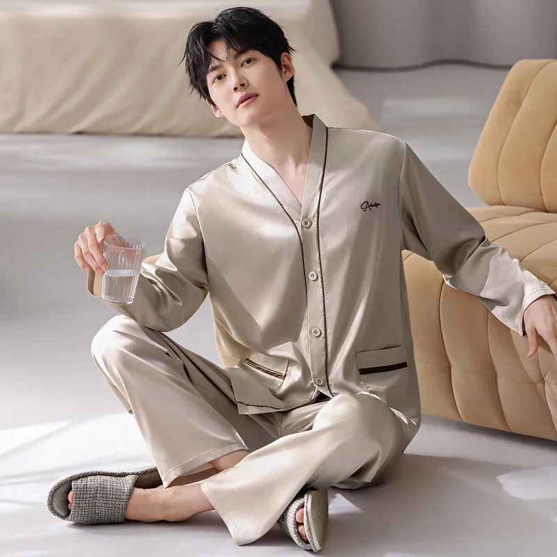 Kimono V Neck Sleepwear Mens Satin Long Sleeve Pajama Set 2026 New Arrival Spring  Plus Size 4XL 3XL Homewear Pijamas Hombre
