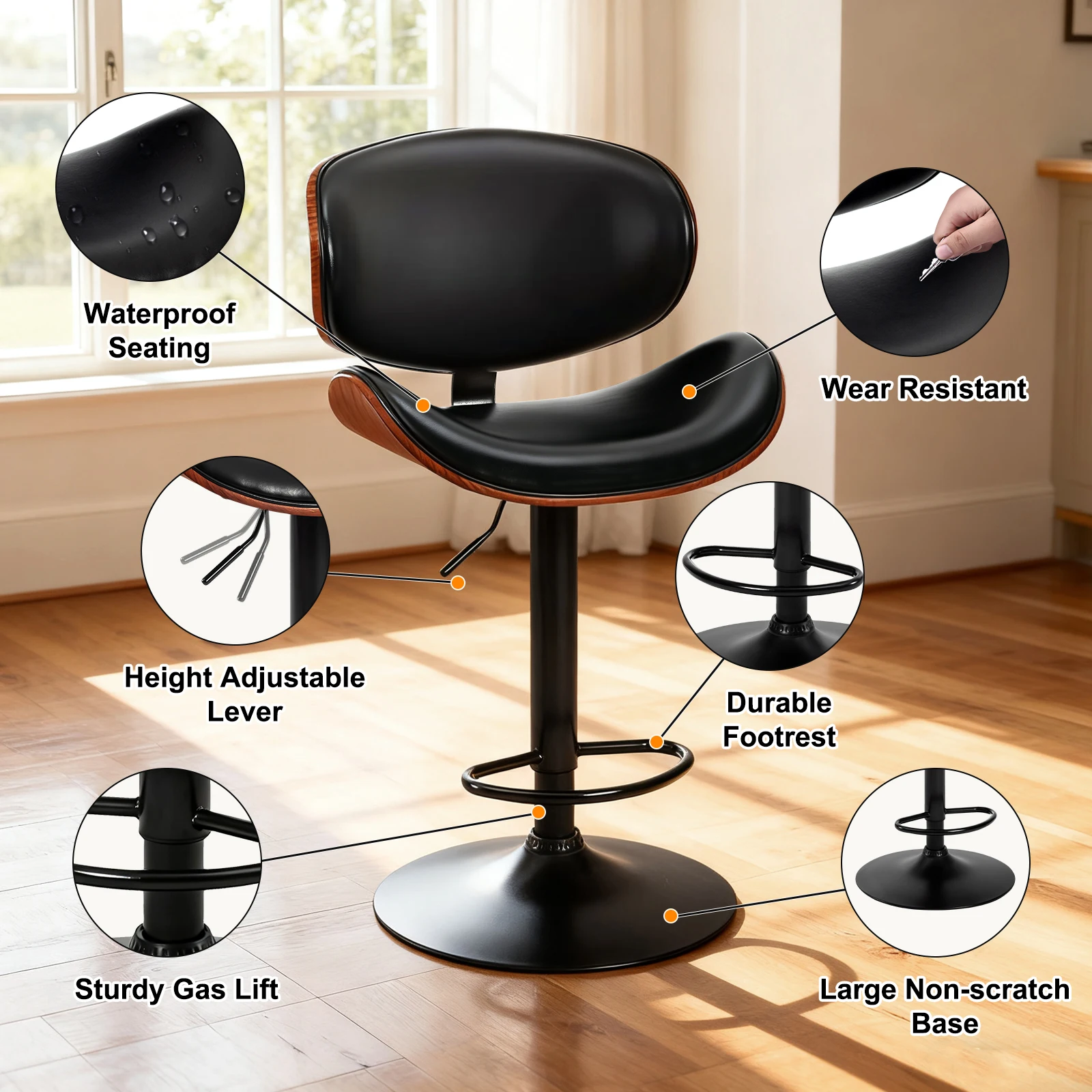 MCQ Swivel Ergonomic Office Chair Set of 2 Adjustable Counter Height Bentwood PU Leather Upholstery Chair with Back and Footrest image 6