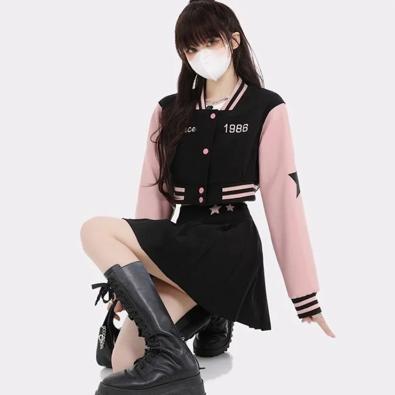 Hikigawa Chic Fashion Women Baseball Clothes Vintage Streetwear Stripe Contrast Color Short Coat+High Waist Mini Pleated Skirt