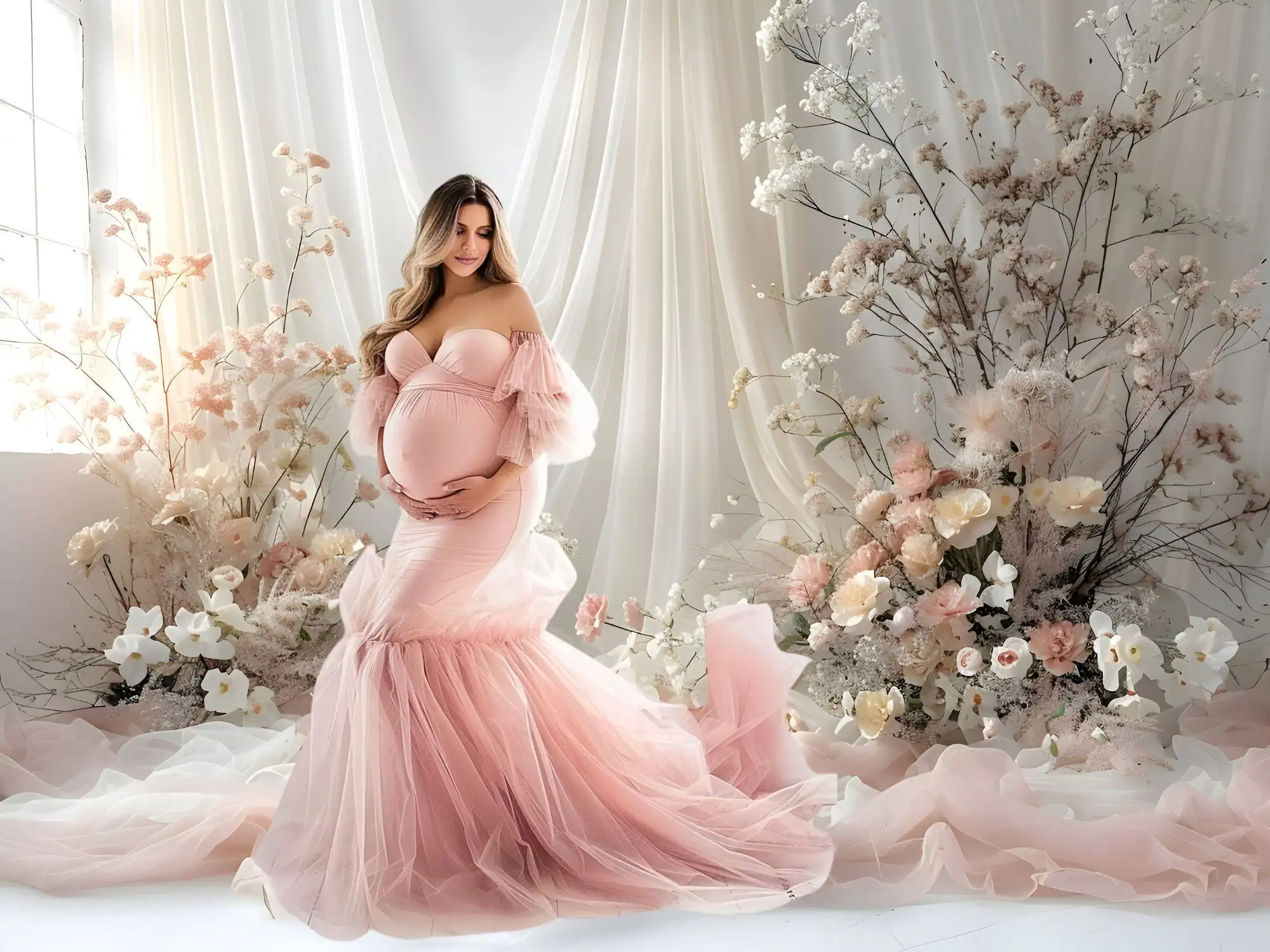 Tło fotografii Mehofond różowy tiul w kwiaty biały pokój urodziny ślub macierzyński portret wystrój zdjęcie tła Studio