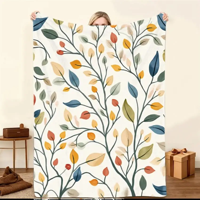 1pc Cozy Watercolor Branch Print Flannel Blanket - Lightweight Soft Warm Throw for Sofa, Travel, Camping, Living Room, Office, And Chair with Leaf Pattern on Off-White Background, Ideal Gift for Family And Friends Weighted Blanket 280GS