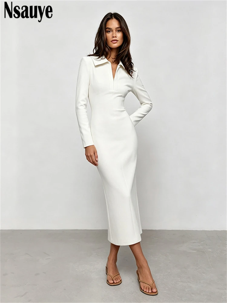 Nsauye Casual White Dress Maxi Long Sleeve Turn Down Collar Elegant Fashion Party Sexy Night Club Evening Wrap Women Dress 2026