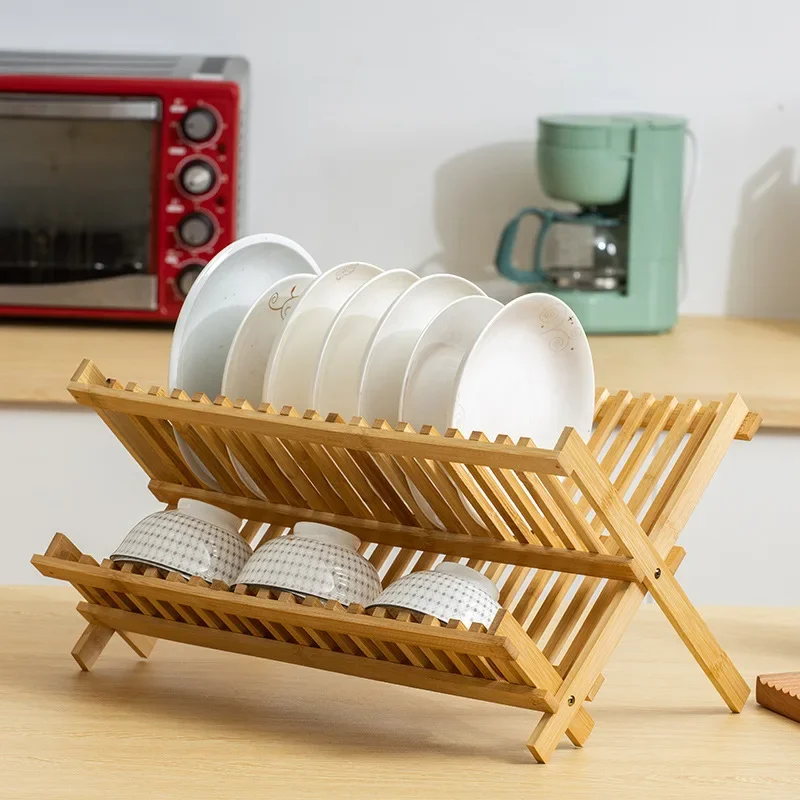 Folding Bamboo Dish Drainer Utensil Drying Rack Holder Wooden Plate Storage Rack Kitchen  Space-Saving Dish Organizer